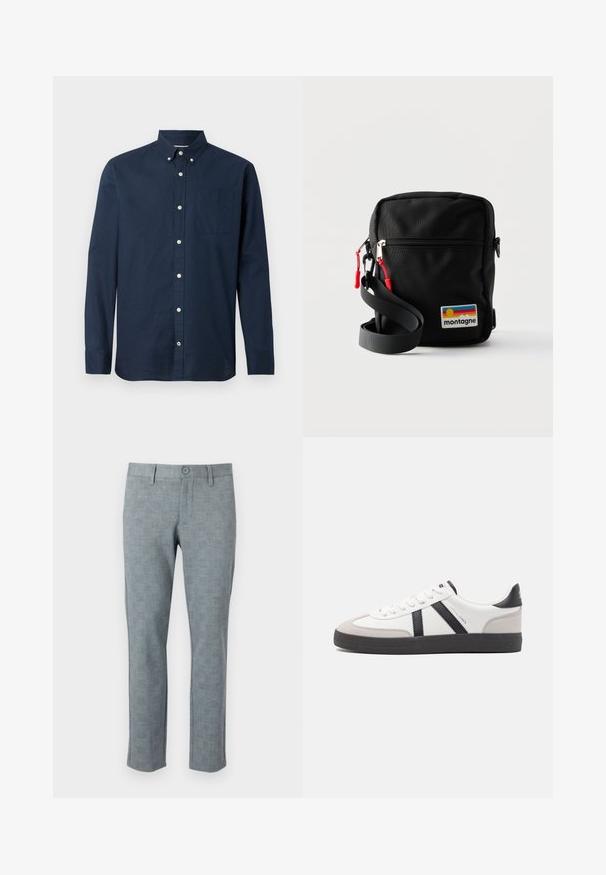Navyblaues Langarmhemd aus leichtem Stoff mit Button-Down-Kragen, Brusttasche und weißen Knöpfen. Glatte Textur.; Grau strukturierte Hose mit einem subtilen Karomuster. Verfügt über einen Knopfverschluss und ein gerades Bein-Design, hergestellt aus leichtem Stoff.; Weiße Sneaker mit schwarz- und grau-aczenten, ausgestattet mit einer strukturierten grauen Zehenkappe, schwarzer Gummi-Sohle und flachen weißen Schnürsenkeln. Sauberes Design, minimalistische Stil.; Kompakte schwarze Umhängetasche mit Vordertasche mit Reißverschluss, roten Reißverschlussanhängern, verstellbarem Gurt und einem bunten "montagne" Logo-Patch.