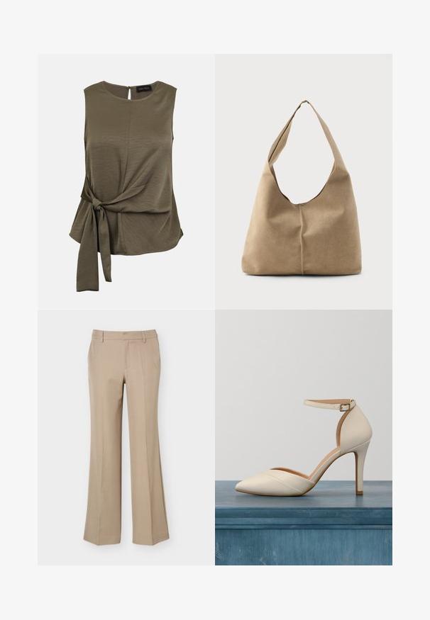 Blouse sans manches vert olive avec col rond et détail noué sur le côté, tissu légèrement texturé, fermeture par bouton avec ouverture en forme de goutte à l'encolure arrière.; Pantalon beige pour femme avec passants de ceinture, pli devant et coupe droite à jambes larges sur fond blanc uni.; Chaussure à talons hauts blanche en matériau lisse, avec un bout pointu et une sangle autour de la cheville. Présente un intérieur beige clair et des accents en matériel doré.; Sac hobo en suède beige doux avec une forme décontractée, une large bandoulière et un détail de couture à la main sur le devant.