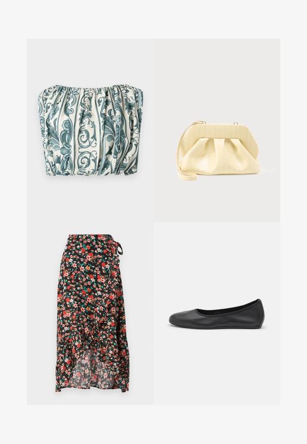Top de tela con estampado floral que presenta una textura fruncida, principalmente en colores verde azulado y crema, con rayas verticales y diseños intrincados.; Falda envolvente floral con fondo negro, flores rojas y rosas, dobladillo con volantes, lazo ajustable en la cintura y tejido ligero.; Bailarina de piel negra con punta redondeada, textura suave, detalle de costura minimalista y diseño de suela flexible.; Bolso clutch de cuero color crema con un marco superior estructurado y correa de muñeca, mostrado sobre un fondo claro y liso.
