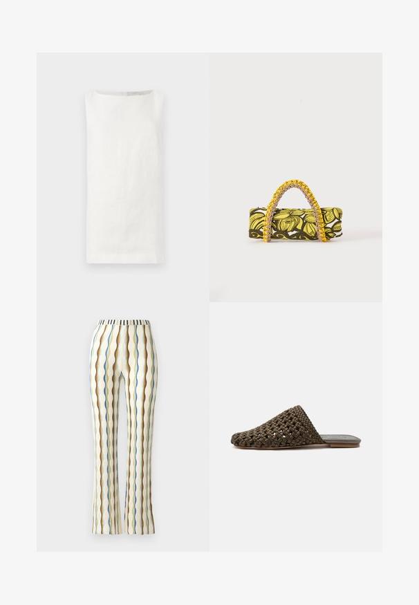 Top sin mangas de lino blanco con corte recto, escote barco y sin cierres visibles. Presenta un tejido suave y texturizado.; Pantalones acampanados en un tejido texturizado con rayas verticales en colores azul, marrón, verde y amarillo, con una cinturilla a rayas.; Mule marrón tejido tipo slip-on con suela plana y puntera cerrada y redondeada sobre fondo blanco.; Bolsa rectangular con patrón floral en amarillo y negro y asa trenzada amarilla y rosa sobre fondo blanco.