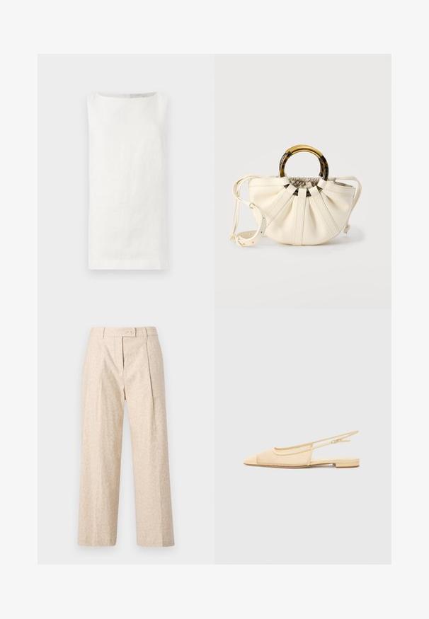 Top sin mangas de lino blanco con corte recto, escote barco y sin cierres visibles. Presenta un tejido suave y texturizado.; Pantalones beige de talle alto con sutil estampado animal, piernas rectas y anchas, pliegue frontal, trabillas para cinturón y cierre con botón.; Zapato plano tipo slingback en beige claro con parte superior de malla, punta afilada y tacón bajo. Cuenta con una correa ajustable para un mejor ajuste.; Bolso de color crema con cuerpo de cuero plisado, asas circulares de carey redondas y tono dorado, y una banda de hombro ajustable.