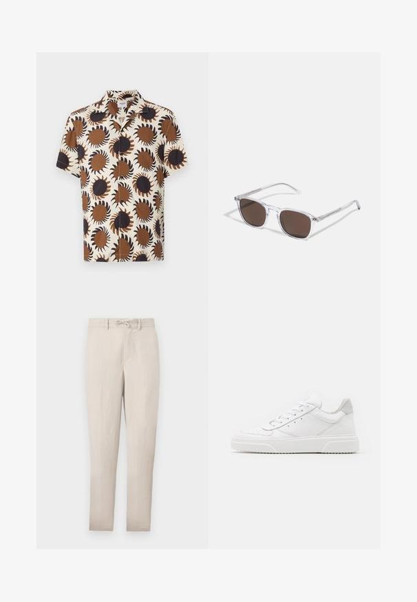 Chemise à manches courtes en tissu léger, présentant une base crème avec des motifs en forme de rayons de soleil marron et noir. Fermeture à boutons et col classique.; Pantalons taper beige légers avec taille à cordon, devant plat et peu de plis. Comprend des passants de ceinture et des poches latérales.; Des baskets en cuir blanc avec une finition lisse, un bout rond, des lacets plats et une semelle texturée. Accents en daim gris au niveau du talon.; Lunettes de soleil en plastique transparent avec des verres marron rectangulaires, dotées de branches fines et transparentes ainsi que d'accents en métal sur les tempes.