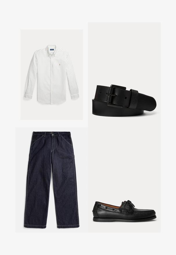 Wit overhemd met lange mouwen met dunne verticale blauwe strepen en een klein geborduurd logo op de linkerborst.; Donkerblauwe denim spijkerbroek met rechte pijpen, contrasterende stiksels, kleine lussen voor een riem en voorzakken, plat liggend op een witte achtergrond.; Zwarte leren mocassin met veterdetail en lage rubberen zool, zijaanzicht op een eenvoudige lichte achtergrond.; Zwarte leren riem met zwarte rechthoekige gesp en reliëflogo op de riemlus, opgerold op een effen lichte achtergrond.