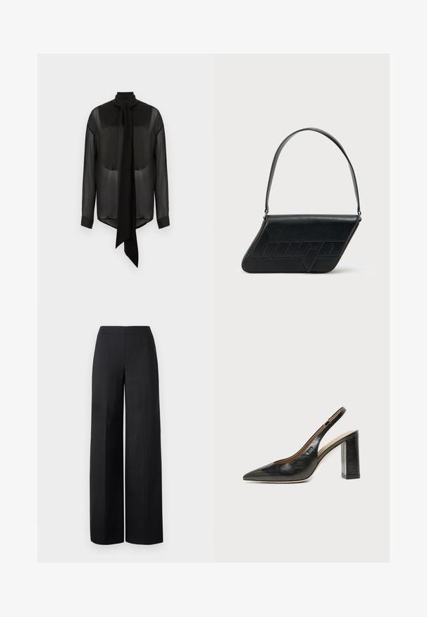 Blusa de gasa negra con lazo largo, cuello alto y mangas largas. Textura transparente con puños negros sólidos y dobladillo redondeado.; Pantalones de pierna ancha negros, hechos de una tela suave. Presentan una cinturilla alta y líneas rectas y limpias sin bolsillos visibles ni adornos.; Zapato slingback de piel negra con puntera puntiaguda, tacón alto y ancho, y forro interior beige sobre un fondo claro y liso.; Bolso de hombro de cuero negro con forma triangular, logo en relieve y una sola correa ajustable. Diseño minimalista con textura suave.