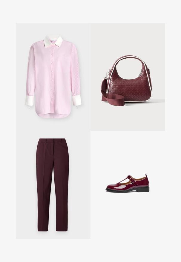 Chemise à manches longues à rayures verticales roses et blanches avec col blanc, poignets blancs, boutonnage sur le devant et poche poitrine avec bouton.; Pantalon droit bordeaux avec une texture lisse, présentant un devant plat et sans poches visibles. Coupe ajustée avec une coupe classique.; Chaussure Mary Jane en cuir verni bourgogne avec un bout arrondi, une bride T, une boucle ajustable et un petit talon carré. Texture lisse et design simple.; Sac à main en cuir tressé marron foncé avec poignée courbée, garniture blanche, fermeture éclair argentée et bandoulière large en tissu amovible sur fond uni.