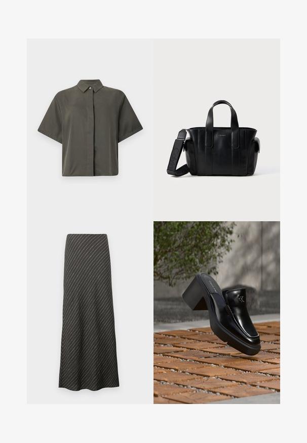 Chemise à manches courtes, boutonnée, de couleur vert olive foncé. Présente une texture lisse et mate avec un col classique et des détails matériels discrets.; Jupe midi noire avec des rayures blanches diagonales, fabriquée dans un tissu lisse. Présente un design évasé et une silhouette en A.; Mule slip-on en cuir noir Calvin Klein avec talon bloc reposant sur des carreaux en bois à l'extérieur près d'une plante verte et d'un mur gris.; Sac fourre-tout en cuir noir avec deux poignées supérieures et une bandoulière ajustable. Présente des coutures verticales et un design minimaliste. Détail de logo proéminent.