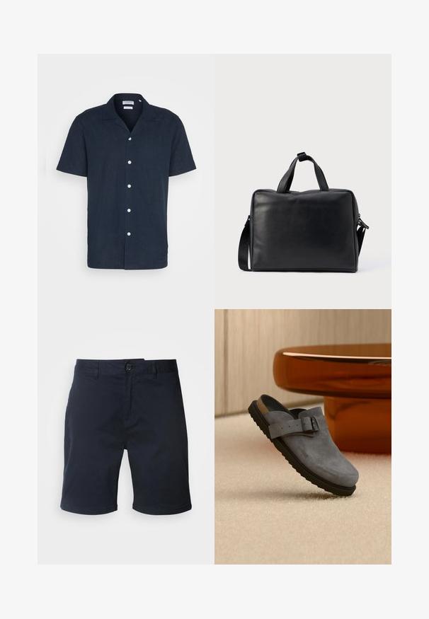 Kurzärmliges Marineblaues Hemd mit Knöpfen aus leichtem Stoff, mit Kragen, sechs weißen Knöpfen und einem entspannten Schnitt.; Marineblaue Baumwollshorts mit Knopfverschluss, Gürtelschlaufen und geradem Saum. Sie zeichnen sich durch eine glatte Textur und ein klassisches Design aus.; Grauer Wildleder-Slipper-Clog mit schwarzer Sohle und verstellbarem Schnallenriemen, liegend auf beigem Teppich nahe einem abgerundeten braunen Tischbein.; Schwarze Leder-Reisetasche mit rechteckiger Form, zwei Griffen, abnehmbarem Schulterriemen und minimalen Verzierungen.