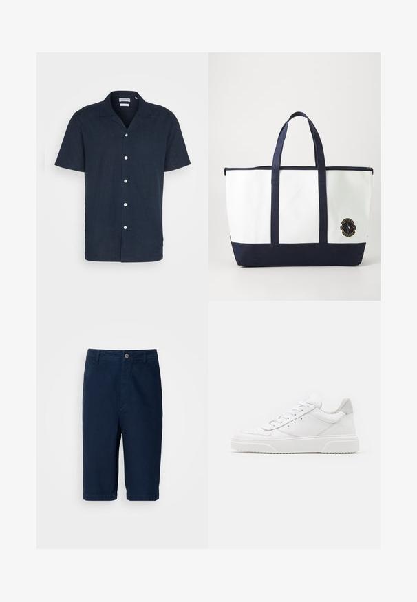 Chemise à manches courtes bleu marine à boutons en tissu léger, avec un col, six boutons blancs et une coupe décontractée.; Shorts bleu marine en coton, avec une coupe droite, une fermeture à bouton et des passants de ceinture. Présente des ourlets à revers et deux poches latérales.; Des baskets en cuir blanc avec une finition lisse, un bout rond, des lacets plats et une semelle texturée. Accents en daim gris au niveau du talon.; Sac fourre-tout en toile blanche avec des accents bleu marine. Dispose de deux poignées robustes et d'un écusson logo à l'avant. Forme rectangulaire.