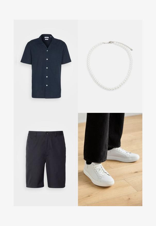 Chemise à manches courtes bleu marine à boutons en tissu léger, avec un col, six boutons blancs et une coupe décontractée.; Shorts bleu marine en coton léger, avec une fermeture à bouton, des passants de ceinture et une coupe droite au-dessus du genou.; Baskets basses en cuir blanc, avec un système de laçage, un bout arrondi et un design minimaliste. Associées à un jean noir slim.; Collier en perles blanches avec une forme ronde uniforme, surface lisse et fermoir en métal avec une chaîne d'extension pour une longueur ajustable.