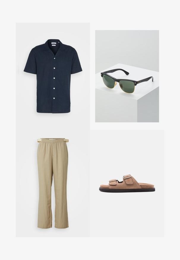 Chemise à manches courtes bleu marine à boutons en tissu léger, avec un col, six boutons blancs et une coupe décontractée.; Pantalons beige à jambes larges en tissu léger. Taille élastique avec cordon de serrage. Comprend des poches avant et des jambes droites.; Sandale à glissière en suède marron avec semelle noire, présentant deux brides ajustables avec boucles et détail de couture blanche, vue latérale sur fond blanc.; Lunettes de soleil Ray-Ban avec des verres verts, monture en plastique noir et accents dorés sur les bords. Forme carrée avec une finition mate.