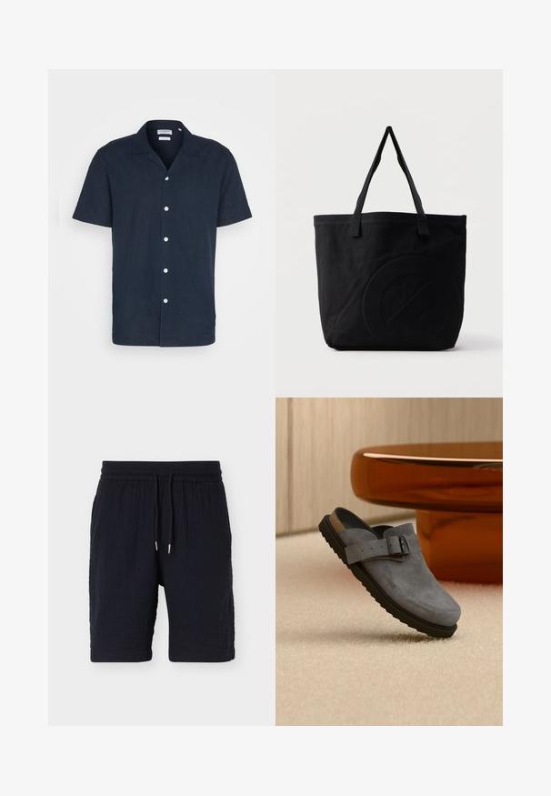 Camisa de botones azul marino de manga corta en un tejido ligero, con cuello, seis botones blancos y un diseño de corte relajado.; Pantalones cortos casuales negros con textura, cintura elástica y cordones, hasta la rodilla, mostrados sobre un fondo plano y claro.; Zueco gris de ante con suela negra y correa ajustable con hebilla, descansando sobre una alfombra beige cerca de la pata redondeada de una mesa marrón.; Bolsa tote de lona negra con dos correas para el hombro y un diseño circular en relieve sutil en el frente.