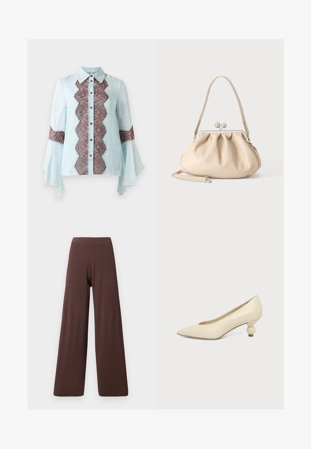 Blusa azul clara con acentos de encaje marrón y patrón a rayas. Cuenta con un cuello puntiagudo, cierre de botones y mangas acampanadas.; Pantalones de pierna ancha en tejido acanalado marrón oscuro, con una cinturilla alta y una silueta fluida, que enfatizan la textura y el volumen.; Zapato de mujer color crema con punta afilada y tacón bajo, con tacón redondo en forma de bola, sobre un fondo liso.; Bolso de mano de cuero suave beige con cierre de marco metálico plateado, una correa para el hombro y una correa de cadena opcional sobre un fondo blanco.