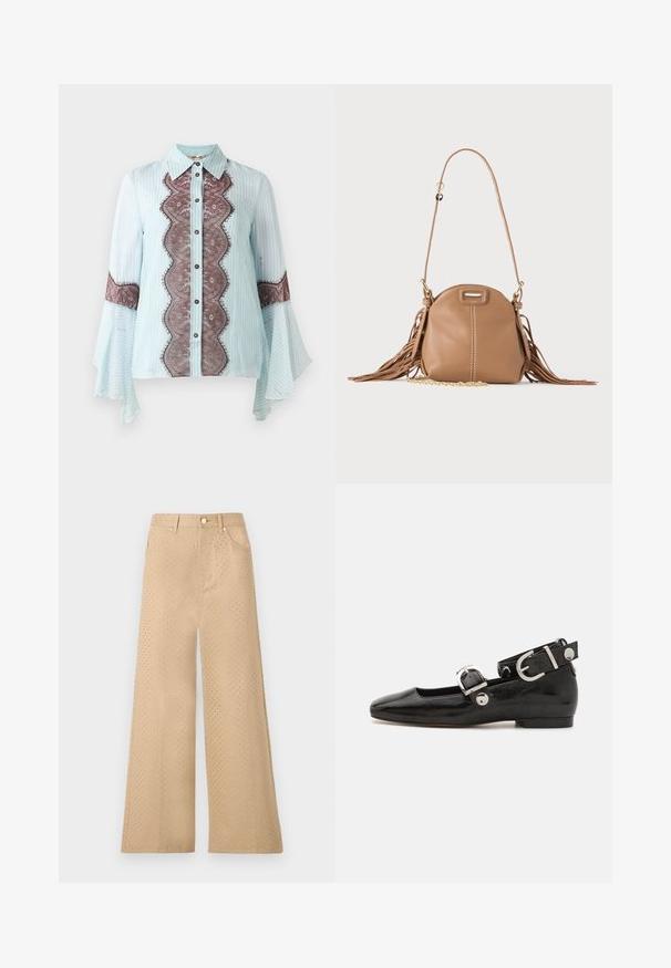 Blusa azul clara con acentos de encaje marrón y patrón a rayas. Cuenta con un cuello puntiagudo, cierre de botones y mangas acampanadas.; sandro GABARD VERSION STARS - Pernera ancha - beige; Zapato plano de charol negro con punta cuadrada, correa de tobillo con herrajes de plata y suela plana. Textura suave con diseño minimalista.; Pequeño bolso de cuero color cuero claro con correa larga, detalle de cadena dorada y flecos en ambos lados sobre un fondo neutro.