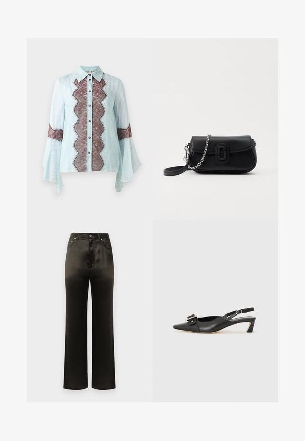 Chemisier bleu clair avec accent en dentelle marron et motif rayé. Présente un col pointu, une fermeture à boutons et des manches évasées.; Pantalon large en satin noir avec une taille haute, doté de poches latérales et d'accents en boutons métalliques. Texture lisse et design épuré.; Chaussure slingback en cuir noir avec un bout pointu, un petit talon et un détail de boucle décoratif sur le dessus. Texture lisse, design minimaliste.; Sac en cuir noir à bandoulière avec chaîne en argent et sangle noire, rabat avant avec détail de logo rectangulaire arrondi, sur fond blanc.