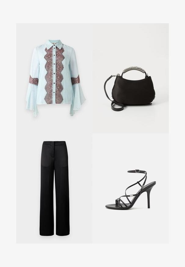 Lichtblauw blouse met bruine kantaccent en gestreept patroon. Beschikt over een puntige kraag, knoopsluiting en uitlopende mouwen.; Zwarte wijdvallende broek met een gestructureerd oppervlak, voorzien van een platte tailleband en twee zijzakken. De stof lijkt licht en vloeiend.; Zwarte hoge hakken sandaal met dunne banden, een enkelgesp, een gladleren oppervlak en een slanke stilettohak.; Zwarte satijnen handtas met een gebogen zilveren handvat en een afneembare zwarte schouderriem. Zachte textuur en ronde vorm met een minimalistisch ontwerp.