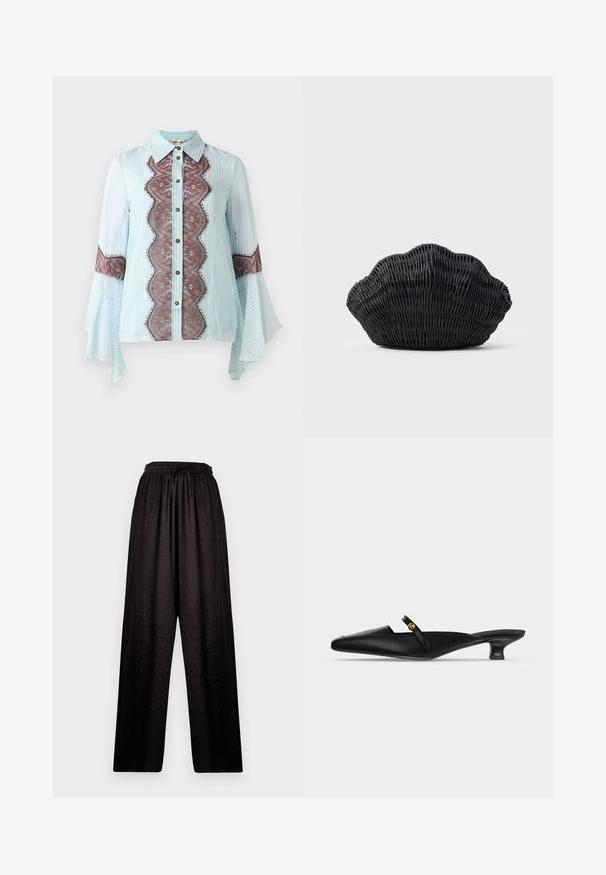 Lichtblauw blouse met bruine kantaccent en gestreept patroon. Beschikt over een puntige kraag, knoopsluiting en uitlopende mouwen.; Zwarte wijde broek met een elastische tailleband en een subtiele luipaardprint textuur, met een trekkoord aan de voorkant.; Zwarte mule met puntige neus, lage kittenhak en smalle riem over de wreef met een klein gouden knoopdetail.; Zwarte gevlochten handtas in de vorm van een sint-jakobsschelp met een gebogen bovenkant en een geweven textuur op een effen achtergrond.