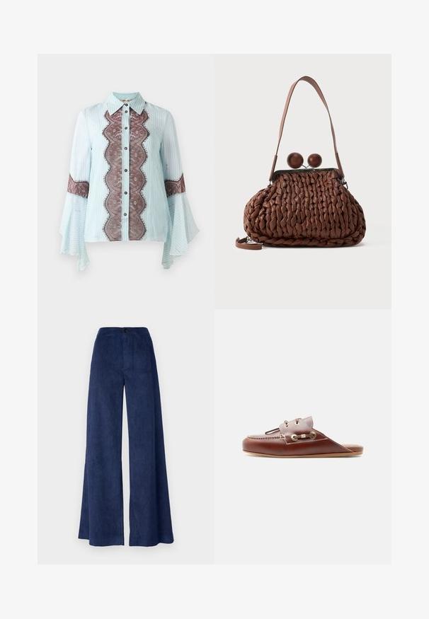 Blusa azul clara con acentos de encaje marrón y patrón a rayas. Cuenta con un cuello puntiagudo, cierre de botones y mangas acampanadas.; Pantalones de pana azul marino de pierna ancha con una textura suave, que cuentan con un cierre de botón y detalles de acanalado vertical para mayor profundidad.; Mocasín marrón de cuero sin cordones con costura en punta tipo mocasín, ojales dorados y detalle decorativo de cordón en el costado, suela plana, perfil lateral.; Bolso de mano de cuero trenzado marrón con una sola correa y dos grandes cierres redondos de madera en la parte superior.