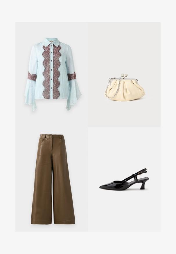 Blusa azul clara con acentos de encaje marrón y patrón a rayas. Cuenta con un cuello puntiagudo, cierre de botones y mangas acampanadas.; Pantalones de pierna ancha hechos de suave cuero sintético marrón. Presentan una cintura alta, cuatro bolsillos y una cremallera frontal. Textura lisa y diseño minimalista.; Zapato slingback de charol negro con tacón bajo, punta puntiaguda y correa ajustable con hebilla dorada sobre fondo blanco.; Clutch de cuero beige plisado con un marco de metal plateado, que cuenta con dos broches decorativos redondos y una correa de cadena plateada.