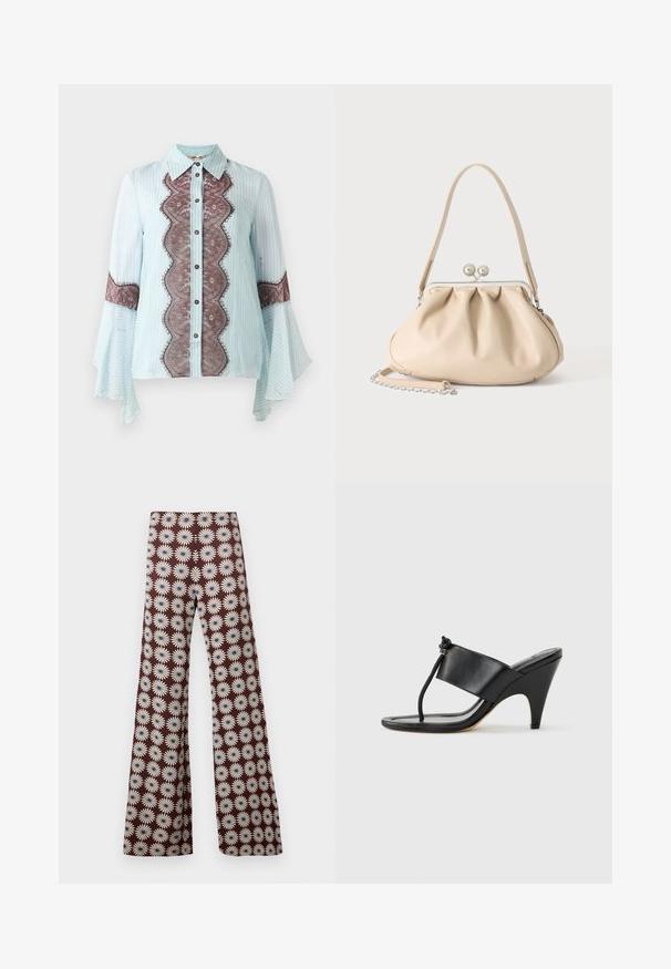 Lichtblauw blouse met bruine kantaccent en gestreept patroon. Beschikt over een puntige kraag, knoopsluiting en uitlopende mouwen.; Bruine flarebroek met een herhalend patroon van witte madeliefjes met blauwe middens, getoond tegen een effen lichtgrijze achtergrond.; Zwarte sandaal met hoge hak, voorzien van een brede voorband en een teenlus met een knoopdetail van koord, vanuit zijaanzicht getoond op een witte achtergrond.; Beige zachte leren handtas met een zilveren metalen frame sluiting, een enkele schouderriem en een optionele kettingriem op een witte achtergrond.
