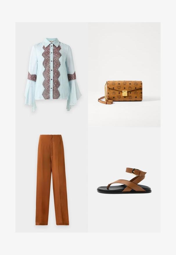 Lichtblauw blouse met bruine kantaccent en gestreept patroon. Beschikt over een puntige kraag, knoopsluiting en uitlopende mouwen.; Wijde broekspijpen in een warme bruine kleur, met een zachte textuur, hoge taille en contrasterende witte stiksels langs de naden.; Platte sandaal met zwarte zool, bruine leren teenlus, kruisbandjes, enkelbandje en gouden gesp op een neutrale achtergrond.; Bruine leren handtas met reliëf logo patroon, gouden hardware, opklapbare klep en een afneembare ketting- en leren schouderband. Afmetingen zijn niet gespecificeerd.