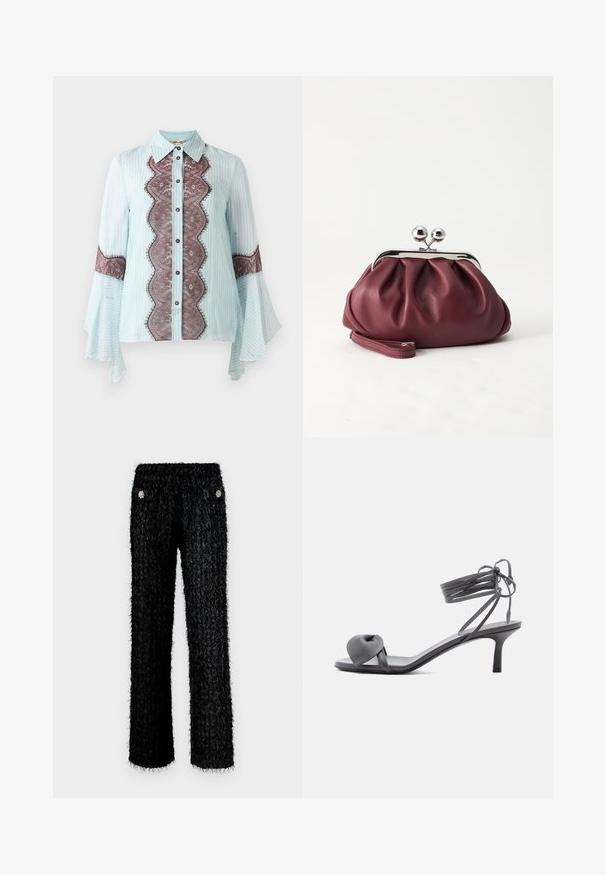 Lichtblauw blouse met bruine kantaccent en gestreept patroon. Beschikt over een puntige kraag, knoopsluiting en uitlopende mouwen.; Zwarte fuzzy broek met een gestructureerd ontwerp, met een hoge tailleband en twee voorzakken versierd met ronde bloemachtige versieringen.; Grijze leren sandaal met hak, voorzien van een geknoopte band bij de tenen en wikkellinten rond de enkel op een slanke sandaal met een middenhoge hak, tegen een witte achtergrond.; Kleine bordeauxrode leren clutch-portemonnee met zilverkleurige metalen sluiting en polsbandje op een witte achtergrond.