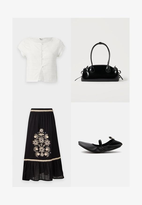 Top court blanc à manches courtes avec des rayures horizontales texturées et quatre petits boutons sur le devant, légèrement ouvert en bas.; Jupe noire avec broderie florale en crème et marine. Dispose d'une taille élastique et d'un ourlet volanté. Fabriquée en tissu léger.; Ballerine plate en cuir noir plié avec une seule bride et une boucle argentée sur un fond clair uni.; Petit sac à main noir brillant avec deux longues anses et des détails à cordon sur les côtés sur un fond clair uni.