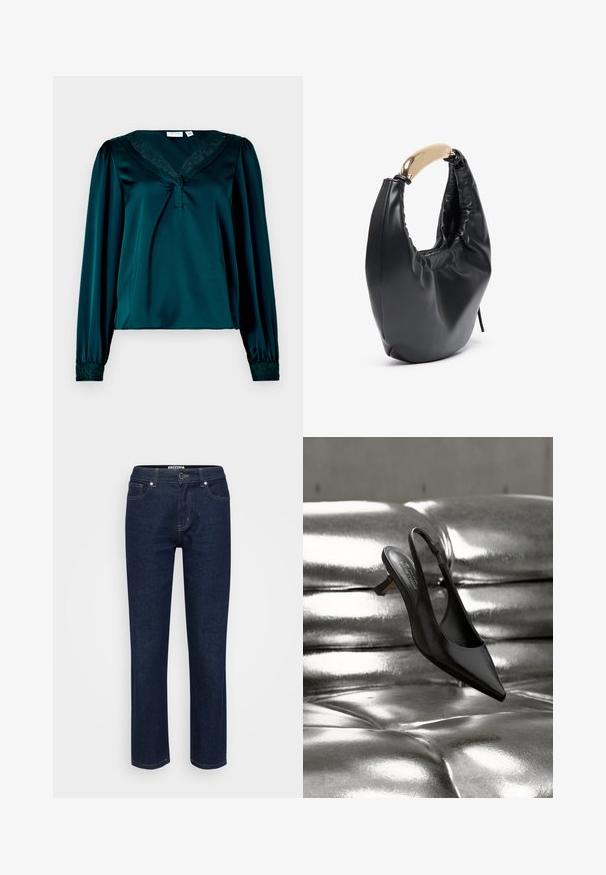 Tealfarbene Satinbluse mit langen Ärmeln, V-Ausschnitt mit Spitzenbesatz und elastischen Manschetten mit floralen Details. Weiche, glatte Textur.; Dunkelblaue Denim-Jeans mit geradem Bein Design, Fünf-Taschen-Stil und Kontrastnähten. Verfügt über einen Metallknopf und einen Reißverschluss.; Schwarzer Slingback-Schuh mit spitzer Kappe und glänzendem Lederfinish, ausgestattet mit niedrigem Blockabsatz und dünnem Knöchelriemen, schwebt über einer metallischen Oberfläche.; Schwarze Handtasche aus Kunstleder mit geschwungener Silhouette. Verfügt über einen glänzenden Griff in goldfarbener Metalloptik und geraffte Textur entlang der oberen Öffnung.