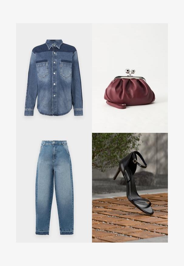 Denimshirt, mille on nööbitatav krae, mis sisaldab segatud heledate ja tumedate siniste paneelide kombinatsiooni, kahte rinna taskut ja hõbedasi nupuklaase.; Heledad sinine teksapüksid kõrge vöökohaga, laia lõikega, viie taskuga disain ja kulunud ääred. Sisaldab klassikalist tikandit ja lukuga kinnitamist.; Mustad kõrge kontsaga sandaal pahkluu rihmaga näib rippuvat puidust plaatide põranda kohal õues, taustal udune rohelus ja kivimüür.; Väike burgundia värvi nahast käekott hõbedase metallist klambri ja randmerihmaga valgel taustal.
