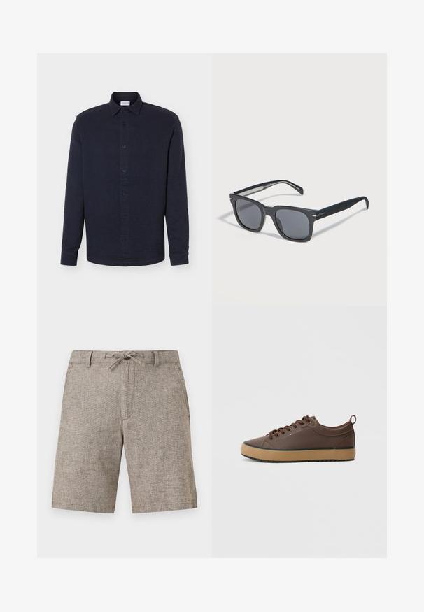 Chemise bleu marine à manches longues avec boutons, col, tissu texturé et poignets standards, présentée sur un fond blanc uni.; Shorts texturés de couleur brun clair, longueur genou, avec passants de ceinture, cordon de serrage noué et poches latérales, présentés sur un fond uni.; Baskets synthétiques marron avec un profil bas, bout rond, semelle en caoutchouc et semelle extérieure contrastante beige. Elles sont équipées de lacets marron et d'un détail de marque.; Lunettes de soleil rectangulaires noires avec des verres teintés foncés et des branches fines reposant sur une surface claire unie.