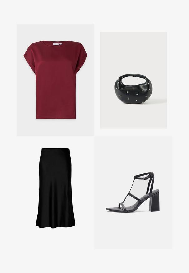 Blusa burdeos de manga corta con cuello redondo y detalle de puños doblados en las mangas, presentada sobre un fondo claro y sencillo.; Falda midi de satén negro con una textura suave, dobladillo acampanado y una cinturilla ajustada, que presenta un diseño simple y clásico.; Sandalias de tacón negro con puntera cuadrada y tacón bloque. Cuentan con tiras finas y una hebilla ajustable en el tobillo. Textura de cuero suave.; Bolso de mano de cuero negro con forma redondeada, decorado con detalles de tachuelas plateadas y un asa corta. Textura lisa y cierre con cremallera.