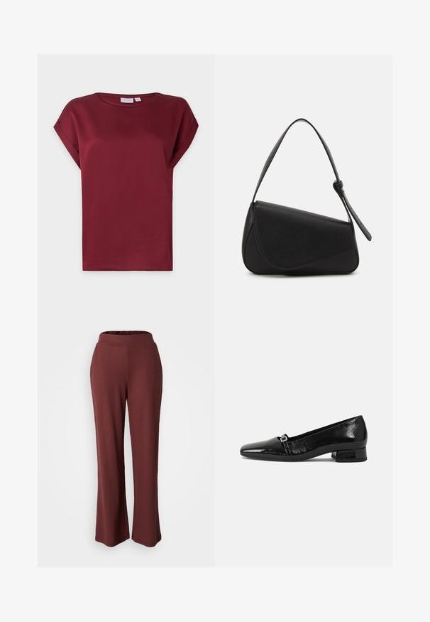 Blusa burdeos de manga corta con cuello redondo y detalle de puños doblados en las mangas, presentada sobre un fondo claro y sencillo.; Pantalones de pierna ancha burdeos con cintura elástica, hechos de una tela suave y ligera con una textura lisa y un ajuste relajado.; Bailarinas de charol negro con punta afilada, tacón cuadrado bajo y un pequeño detalle de hebilla metálica en la correa. Textura suave.; Bolso de mano de cuero negro con forma triangular, tapa en ángulo y un asa superior redondeada. Presenta una textura suave y detalles de diseño minimalistas.