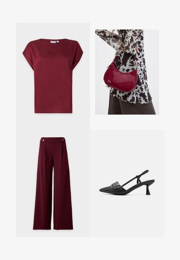 Bordeauxrode blouse met korte mouwen, ronde hals en een omgeslagen manchetdetail aan de mouwen, getoond op een effen lichte achtergrond.; Wijd uitlopende, hoog getailleerde broek in donker bordeaux stof met een aansluitende tailleband met twee gouden knoopdetails.; Simmi London DALA - Klassieke pumps - black; Vrouw met een zwart-wit gebloemde blouse houdt een glanzende rode schoudertas vast tegen een effen achtergrond.