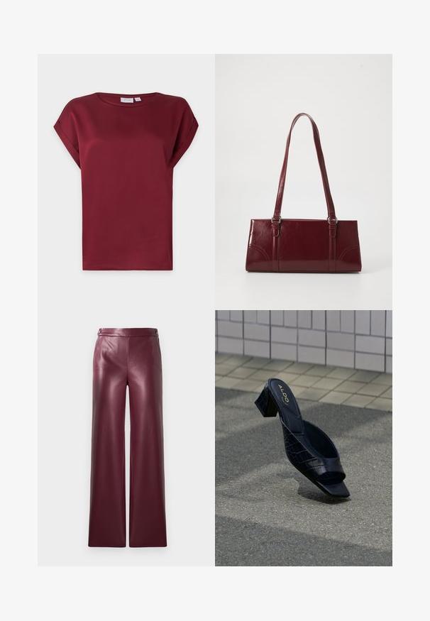 Blusa burdeos de manga corta con cuello redondo y detalle de puños doblados en las mangas, presentada sobre un fondo claro y sencillo.; Pantalones de imitación piel burdeos con un diseño de perneras anchas, que cuentan con una textura suave y detalles de botones en la cinturilla.; Sandalia mule negra con tacón con estampado de cocodrilo, punta cuadrada y tacón ancho, descansando sobre suelo texturizado cerca de una pared con azulejos.; Bolso burdeos hecho de material brillante, de forma rectangular, con dos asas para el hombro y sutiles acentos curvados en la parte frontal.