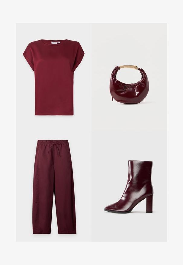 Blusa burdeos de manga corta con cuello redondo y detalle de puños doblados en las mangas, presentada sobre un fondo claro y sencillo.; Pantalones sueltos color granate con cintura elástica y cordón ajustable, piernas rectas, sin bolsillos visibles ni estampados.; Botín de cuero burdeos oscuro brillante hasta la mitad de la pantorrilla, con punta afilada y tacón cuadrado alto, sobre un fondo neutro.; Bolso de mano de piel sintética burdeos con forma redondeada, detalles fruncidos y un asa de metal dorado. Textura suave y acabado brillante.