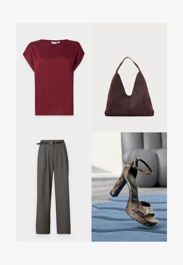 Blusa burdeos de manga corta con cuello redondo y detalle de puños doblados en las mangas, presentada sobre un fondo claro y sencillo.; Pantalones de vestir grises de talle alto con pliegues y bolsillos laterales, combinados con un cinturón negro fino con hebilla redonda dorada.; Sandalia de tacón alto con estampado de serpiente y correa en el tobillo, equilibrada sobre una alfombra azul texturizada, con una silla moderna gris desenfocada al fondo.; Bolso grande de cuero marrón con textura tejida y una sola correa para el hombro, mostrado sobre un fondo claro y liso.