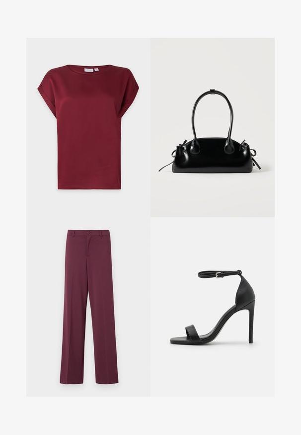 Bordeauxrode blouse met korte mouwen, ronde hals en een omgeslagen manchetdetail aan de mouwen, getoond op een effen lichte achtergrond.; Bordeaux wijde broek, gemaakt van soepele stof. Voorzien van een knoopsluiting en klassieke zakken. Eenvoudig ontwerp zonder patronen of accenten.; Zwarte sandalen met hoge hakken, met een slank ontwerp, voorzien van een enkelbandje, open teen en een gladde leren textuur.; Kleine zwarte glanzende handtas met twee lange hengsels en zijkant trekkoord details op een effen lichte achtergrond.