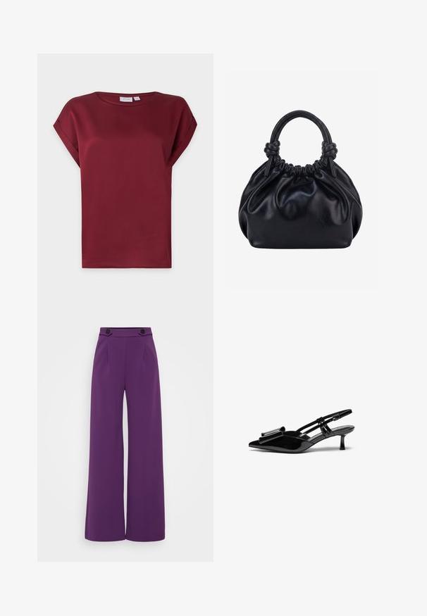 Blusa burdeos de manga corta con cuello redondo y detalle de puños doblados en las mangas, presentada sobre un fondo claro y sencillo.; Pantalones de pierna ancha en un vibrante color púrpura, confeccionados en una tela suave con una cintura ajustada que cuenta con dos botones negros y pliegues en la parte frontal.; Zapatos de tacón slingback de charol negro con punta afilada, detalle de lazo en el frente y un pequeño tacón de aguja. Las correas tienen hebillas ajustables.; Bolso de mano de cuero negro suave con parte superior fruncida y dos asas gruesas atadas en nudos sobre un fondo claro y liso.