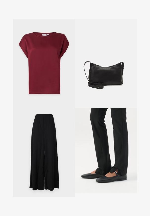 Bordeauxrode blouse met korte mouwen, ronde hals en een omgeslagen manchetdetail aan de mouwen, getoond op een effen lichte achtergrond.; Zwarte wijde broek van een gestructureerde stof, met een hoge tailleband met plooien en nette randen voor een stijlvolle uitstraling.; Benen met zwarte smalle broek met voorsplitten aan de zoom, gecombineerd met zwarte platte Mary Jane-schoenen met een klein gespje.; Zwarte leren schoudertas met een gladde textuur, gebogen vorm, verstelbare schouderband en een ritsafsluiting. Minimalistisch ontwerp zonder versieringen.
