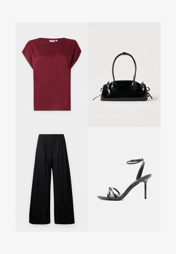 Blusa burdeos de manga corta con cuello redondo y detalle de puños doblados en las mangas, presentada sobre un fondo claro y sencillo.; Pantalones de pierna ancha negros con cintura alta, que cuentan con pliegues verticales y cierre de botón. Textura suave, diseño minimalista.; Sandalia de tacón alto de charol negro con tiras finas que cruzan los dedos y una correa con hebilla en el tobillo sobre un fondo blanco.; Pequeño bolso negro brillante con dos asas largas y detalles de cordón lateral sobre un fondo claro liso.