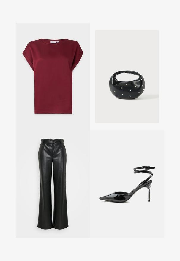 Bordeauxrode blouse met korte mouwen, ronde hals en een omgeslagen manchetdetail aan de mouwen, getoond op een effen lichte achtergrond.; ONLY Tall ONLSMOOTH WIDE - Broek - black; Zwarte lakleren pumps met spitse neus, hoge naaldhak, dunne enkelbandjes en een kleine gesp.; Zwarte leren handtas met een afgeronde vorm, versierd met zilveren studs, en een korte handgreep. Gladde textuur en ritsluiting.