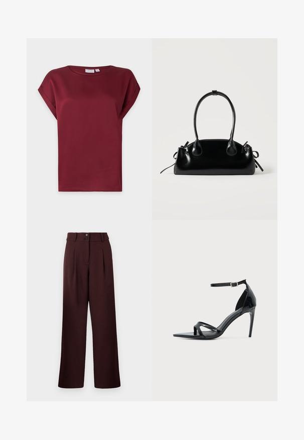 Bordeauxrode blouse met korte mouwen, ronde hals en een omgeslagen manchetdetail aan de mouwen, getoond op een effen lichte achtergrond.; Wijde broek in donker bordeaux, met een hoge taille, twee voorkreuken en een sluiting met twee knopen. Gemaakt van gestructureerde stof.; Zwarte lakleren sandalen met hoge hak, dunne enkelband, open teen en minimalistisch ontwerp op een effen lichte achtergrond.; Kleine zwarte glanzende handtas met twee lange hengsels en zijkant trekkoord details op een effen lichte achtergrond.