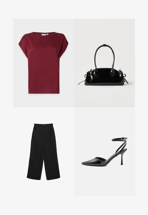 Blusa burdeos de manga corta con cuello redondo y detalle de puños doblados en las mangas, presentada sobre un fondo claro y sencillo.; Pantalones negros de pierna ancha con frente plano, dos pliegues y bolsillos laterales. Confeccionados en tela lisa con una cintura estructurada.; Zapato de tacón alto negro de punta fina con delgadas correas en el tobillo y cierre de hebilla plateada sobre un fondo liso claro.; Pequeño bolso negro brillante con dos asas largas y detalles de cordón lateral sobre un fondo claro liso.