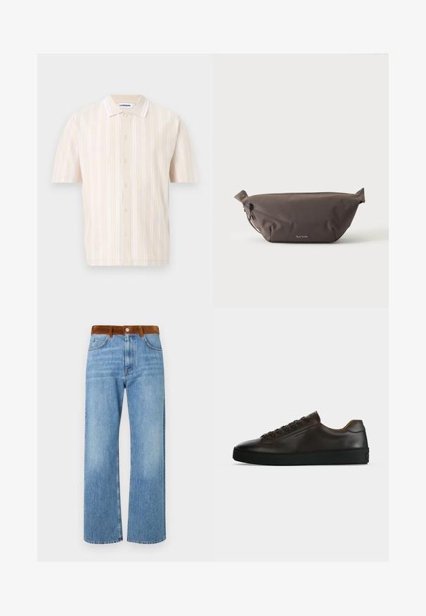 Chemise beige à manches courtes avec des rayures blanches verticales, fermeture boutonnée sur le devant et col classique, présentée sur un fond blanc.; Jeans en denim bleu clair avec une coupe droite, dotés d'une taille en suède marron, de poches avant et d'une fermeture éclair.; Baskets basses en cuir marron foncé avec semelle en caoutchouc noire, lacets à l'avant et design minimaliste épuré sur fond clair.; Sac banane en tissu marron foncé avec poche zippée en diagonale et petit logo blanc sur le devant, sur un fond clair uni.