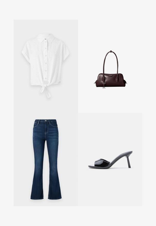 Hvid kortærmet skjorte med krave, frontknaplukning og knyttet søm. Har en broderet øje-design for tekstur og detaljer.; Høj talje flared jeans i mørk denim. Har en frontlukning med knap og lynlås, bæltestropper og en minimalt slidtegn.; Sorte laklæder sandaletter med åben tå, der har et buet overdesign og en spids stilethæl. Glat, blank finish.; Mørkebrun lædertaske fra Calvin Klein med lange dobbelte håndtag og en lille logohængende ved det ene håndtag.