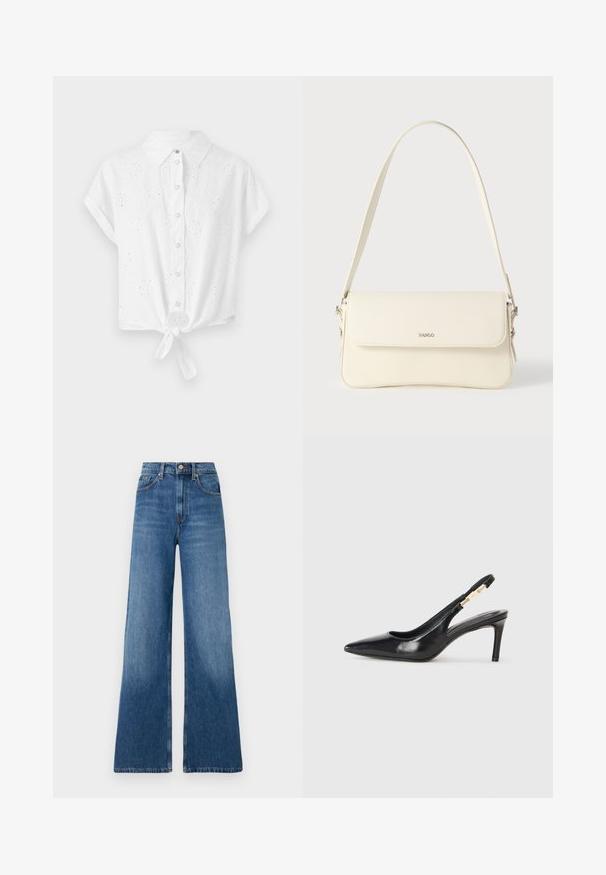 Hvid kortærmet skjorte med krave, frontknaplukning og knyttet søm. Har en broderet øje-design for tekstur og detaljer.; Bredde ben blå jeans lavet af denim, med høj talje, fem-lomme design, knaplukning og traditionel syning.; Sort læder slingback højhælede sko med spidse tæer, glat overflade og en smal ankelrem med guldfarvede hardware detaljer.; Cremefarvet læder skuldertaske med flaplukning, sølvfarvet beslag, en enkelt justerbar rem og diskrete logodetaljer.