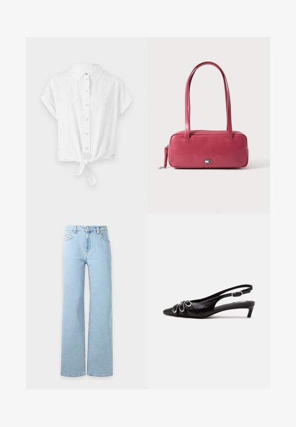 Witte short-sleeve shirt met een kraag, front knopen en een geknoopt onderkant. Heeft een oogjes borduurontwerp voor textuur en detail.; Lichtblauwe denim jeans met rechte pijpen, vooraan knoop- en ritssluiting, riemlussen en een ontwerp met vijf zakken.; Zwarte leren slingback schoen met puntige neus, drie zilveren gespen aan de voorkant en lage kittenhak op witte achtergrond.; Roze leren handtas met een rechthoekige vorm, dubbele handvatten en een klein metalen embleem aan de voorkant, met een gladde, glanzende textuur.