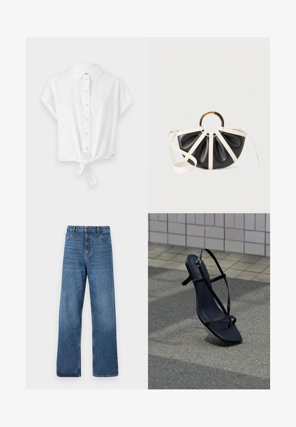 Witte short-sleeve shirt met een kraag, front knopen en een geknoopt onderkant. Heeft een oogjes borduurontwerp voor textuur en detail.; Blauwe denim jeans met hoge taille en wijd uitlopende pijpen, met een gladde textuur, minimale stikdetails en een klassieke vijfzakkenstijl.; Zwarte sandaal met hoge hak en dunne bandjes en een gouden gesp, rechtopstaand op een gestructureerd trottoir nabij een betegelde muur.; Zwart-witte halfronde handtas met plooien, een ronde handvat in schildpadmotief en goud, en een wit verstelbare schouderriem.