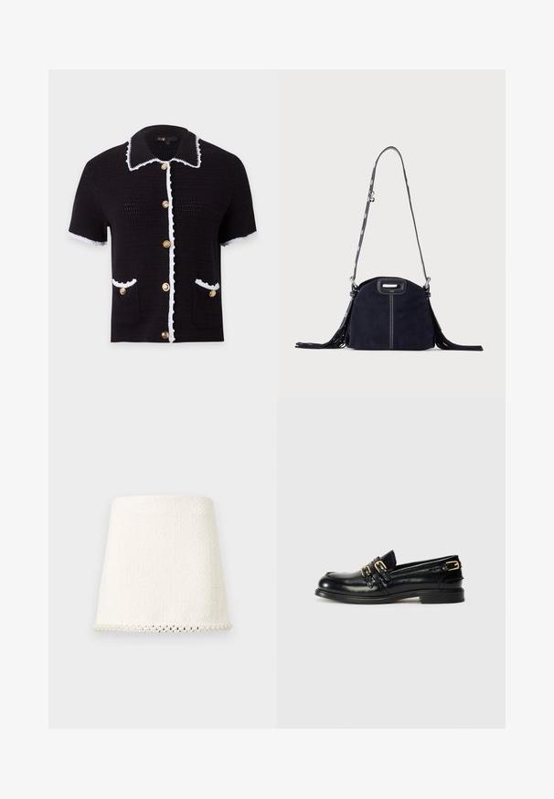 Cardigan en maille noir à manches courtes avec bordure blanche, boutons dorés sur le devant, deux poches avant et un large col avec bord blanc.; Mini-jupe blanche texturée à coupe droite, avec une bordure perlée le long de l'ourlet inférieur.; Mocassins en cuir noir avec une finition brillante, dotés de deux boucles dorées et d'un talon bas. Texture lisse avec un design à bout arrondi.; Sac à main en daim bleu foncé avec des coutures blanches, une poignée découpée, une bandoulière à motif et de longues franges des deux côtés.
