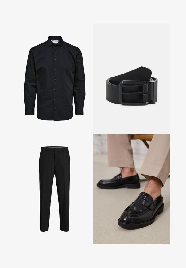 Heren zwarte blouse met lange mouwen met knoopsluiting aan de voorkant en klassieke kraag, gemaakt van gladde stof.; Zwarte broeken van een gladde stof, met een rechte snit, riemlussen en een platte voorkant zonder zichtbare patronen of versieringen.; Zwarte leren loafers met een gladde afwerking, voorzien van een decoratieve band en contrasterende stiksels, gecombineerd met beige broeken.; Zwarte leren riem met een matte zwarte metalen gesp, met een vlak, glad oppervlak en een taps toelopend einde. Eenvoudig ontwerp zonder versieringen.