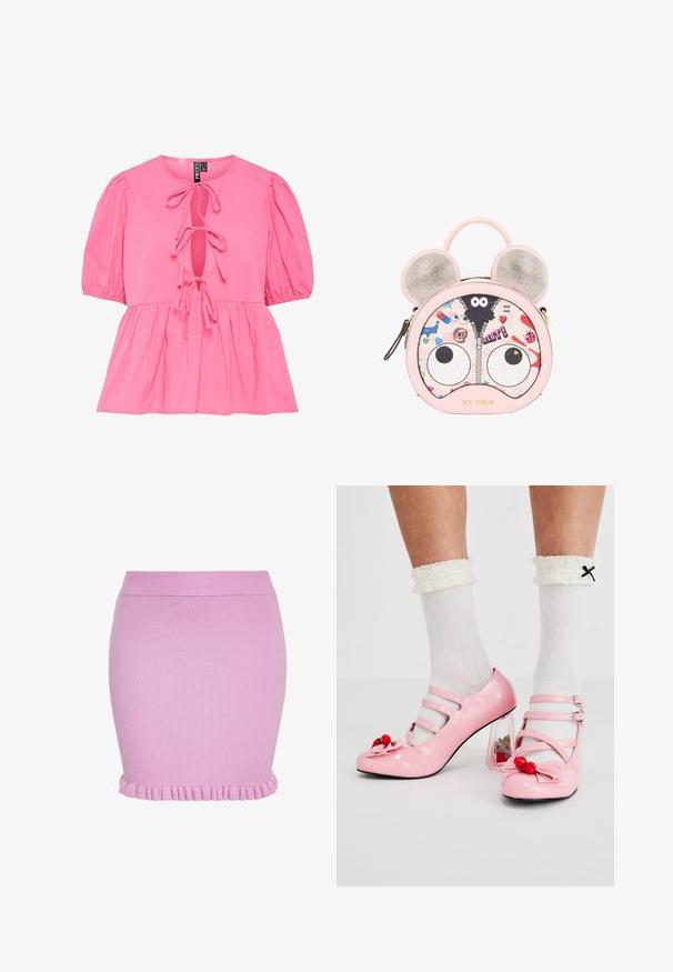 Lyserød bomuldsbluse med pufærmer, en nøglehul-udskæring med bindebånd og en samlet peplum-hulm. Glat tekstur og afslappet design.; Strikket lyserød mininederdel med ribbet tekstur og flæsedetalje i kanten, tætsiddende stil med elastisk taljebånd.; Lyserøde laklæderhæle med rund tå, tre remme og kirsebærpynt. Klart blokhæl med blomsterdekorationer. Hvide ribbede sokker.; Lille rund lyserød håndtaske med glitrende museører, tegneøjne, lynlåsdækning og farverige legende tryk, mærket "Øjetema" i bunden.